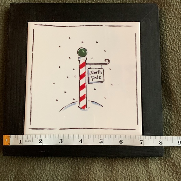 Unique Ceramic North Pole plaque in wooden frame. Trivet or hanging. 8” x 8” - Picture 3 of 5